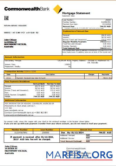 Printable Australia Commonwealth bank mortgage statement scr example